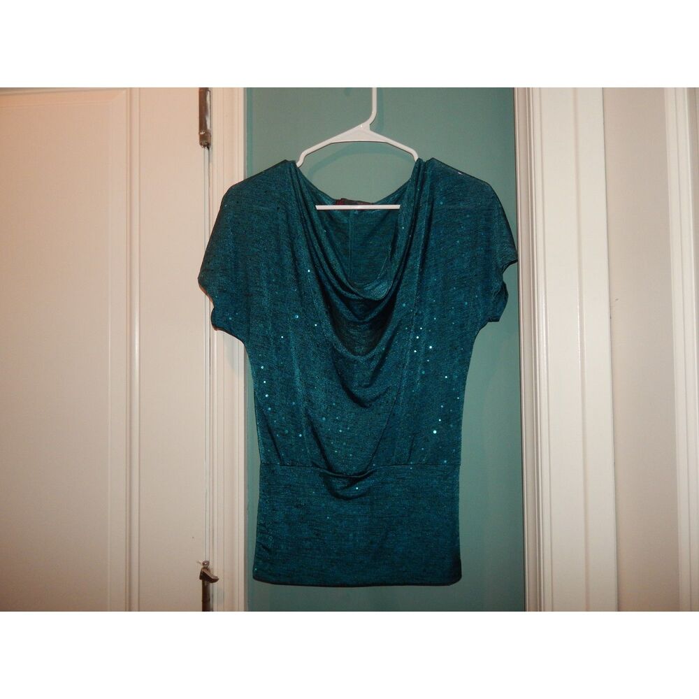 HeartSoul women's small heathered teal sequin cowl neck short sleeve top